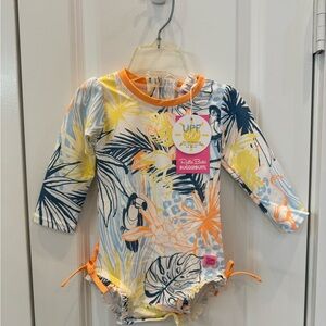 RuffleButts Tropical Long Sleeve Swimsuit